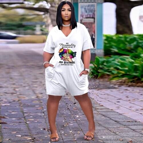 Mouth Letter Printed Rompers Womens Jumpsuit 2021 Deep V Neck Short Sleeve Loose Playsuit Streetwear Side Pockets Short Overall