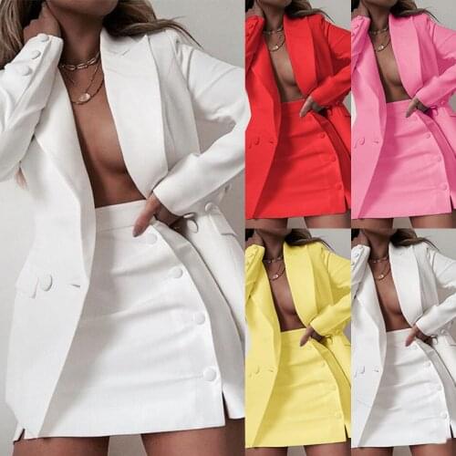 Women Streetwear Candy Colour Basic Blazer Sets Coat + Side 2021 Fashion Buttons Skirt Slim Suit Jacket Suits Office Sets Skirt
