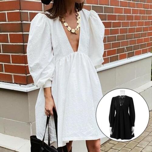 2021 Casual Mini Fit and Flare Dress Women Puff Sleeve V Neck Black Party Dresses White Buttons Long Sleeve Autumn Vestido