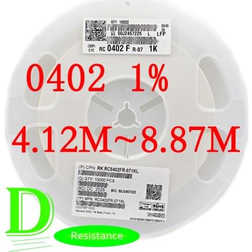 100PCS SMD Resistor RC Series 0402 1% RC0402FR-07 Series 4.12M-8.87M All 4.3M 4.7M 5.1M 5.6M 6.2M 6.8M 7.5M 8.2M