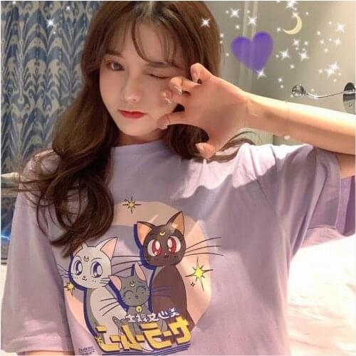 2021 Harajuku Cartoon Sailor Moon Cat Letters Print Hoodies Summer Streetwear Long Sleeve Pullovers Thin Sweatshirt Women Top