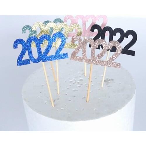 2022 Happy New Year Cake Decoration Gold Silver Blue Glitter Cupcake Topper New Year Birthday Party Christmas Cake Decorating