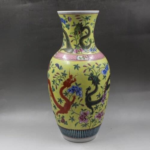 Antique QingDynasty porcelain vase,Yellow pastel flower bottle,Hand-painted crafts,Collection&Adornment,Free shipping