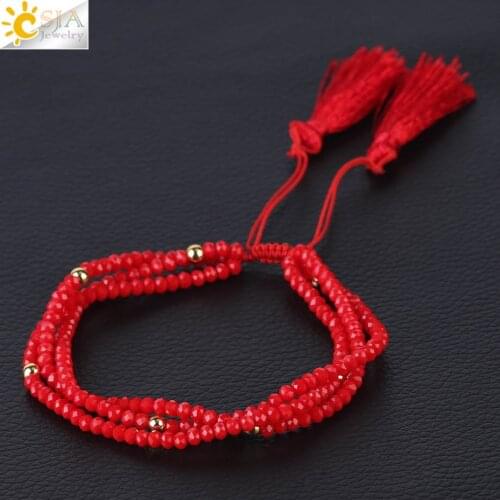 CSJA Friendship Bracelets Fringe Tassel Pendant Faceted Crystal Beads Braided Bracelet Lover Jewelry Gift Adjustable Rope S096