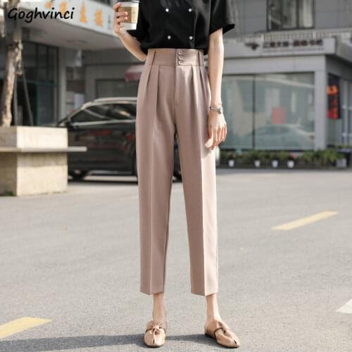 Casual Pants Women High-waist Buttons Fashion Straight Office Lady All-match Elegant Solid Loose Womens Trousers Chic Stylish