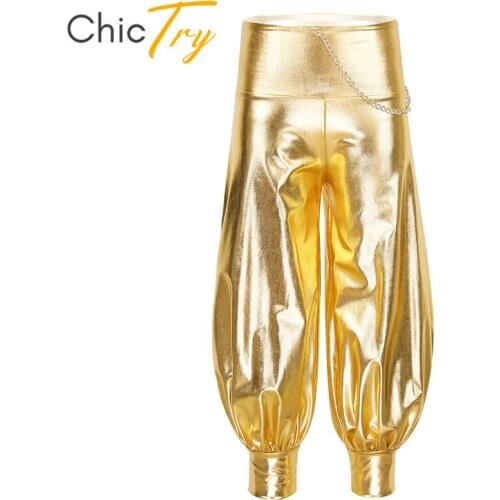 Kids Shiny Metallic Elastic High Waist Chain Loose Harem Pants Hip Hop Trousers Streetwear Girls Performance Jazz Dance Costume