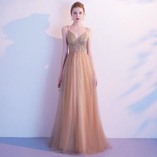 Beading Spaghetti Straps Prom Dresses Sleeveless Champagne Gold Long Evening Dress 2021 V-Neck A-line Backless Formal Party Gown