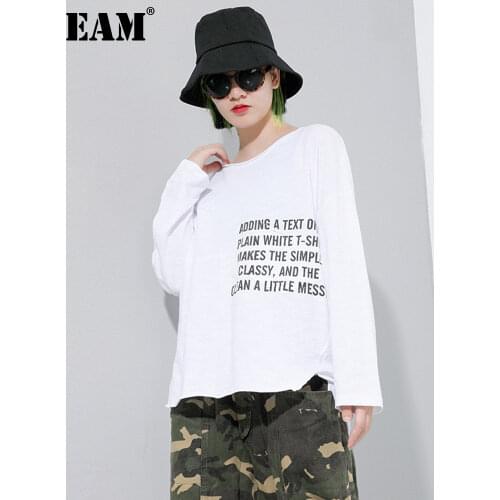 [EAM] Women black White Pattern Printed Big Size T-shirt New Round Neck Long Sleeve Fashion Tide Spring Autumn 2021 1DC070