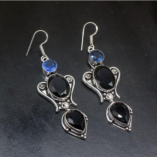 Gemstonefactory Big Promotion Unique 925 Silver Trendy Black Onyx Blue Topaz Women Ladies Gifts Dangle Drop Earrings 20212194