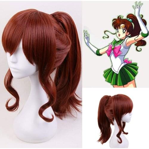 Pretty Soldier Sailor Moon Kino Makoto Sailor Jupiter Cosplay Wig Synthetic Hair With Removable Chip Ponytail + Wig cap