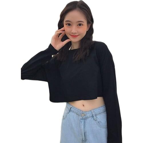 Crop Top Long-sleeved T-shirt Womens Korean-style Spring Clothing INS Tidal Kong-Style mschf Navel High-waisted on Clothes