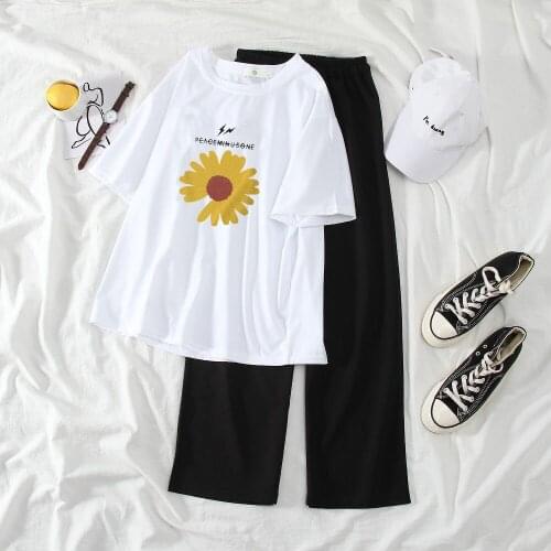 Summer T-Shirt Womens Cute Two Pieces Home Suit Long Pant+Short Tops Female Fashion Printing White Casual Homewear T-Shirt Set