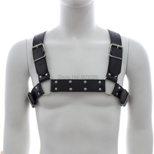 Men Sexy Punk Faux leather Adjustable pink buckled bondage chest belt leather suspenders braces pants