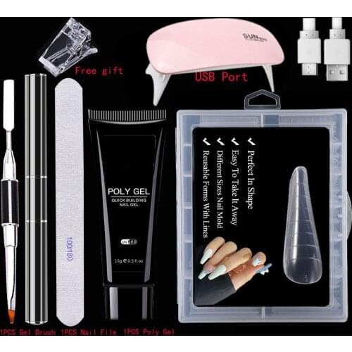 Nail Forms Set Fake Nail Tips Quick Building Mold Full Cover Poly UV Gel Acrylic Extension With Mini Lamp Dual Nail Brush