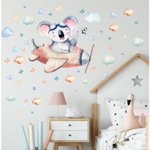 Wall Sticker Cartoon Koala Pilot Colorful Cloud Star Pattern PVC Self-Adhesive Removable Childs Bedroom Decorative Home Decor