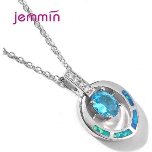 925 Sterling Silver Blue Opal Pendant Necklaces For Women Geometric Oval Design Wedding Necklace Jewelry Gift