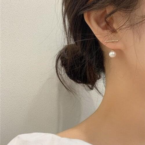 New Korean Crystal Line Metal Pearl Stud Earrings for Women Girl Simple Gold Color Small Earring Party Jewelry