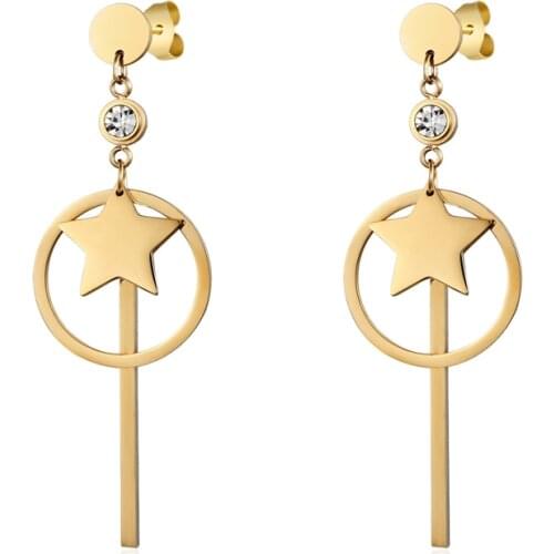 New Stainless Steel Beautiful Woman Earring More Accessories Design Zircon Hanging Circle Strip Five Pointed Star Drop Earring