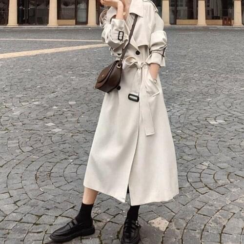 Autumn Women Trench Coat Windbreaker British Style Belt Over Knee Slim Casual Solid Long Jacket Fashion Loose Za Overcoat Female