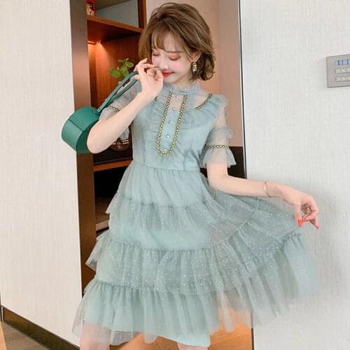 Fashion Sweet Dot Mesh Patchwork Waist Dresses 2021 New Cake Short Sleeve Women Summer Empire Ruffled Dresses Plus Size Dress