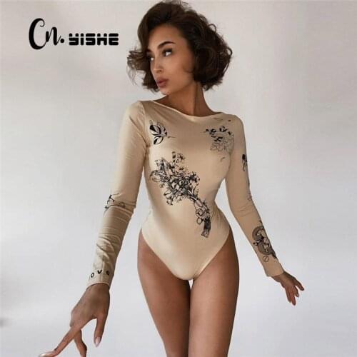 CNYISHE Sexy Fashion Women Long Sleeve Skinny Bodysuits Graphic Print O-neck Elastic Rompers Women Jumpsuits Streetwear Outfits