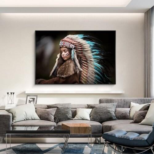 Modern Style Indian Feather Child Portrait Canvas Poster Decorative Painting Scandinavian Wall Room Room Decoration Cuadros