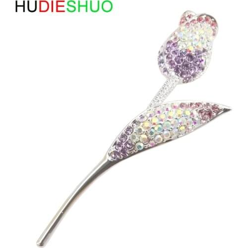 HUDIESHUO High Quality Shining CZ Crystal Tulip Flower Brooch Suits To Sweater and Evening Party Dress Brooches for Women