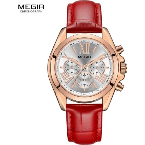MEGIR Womens 24 Hours Chronograph Quartz Watches Top Brand Luxury Leather Casual Wristwatch Lady Relogios Femininos 2114 Red