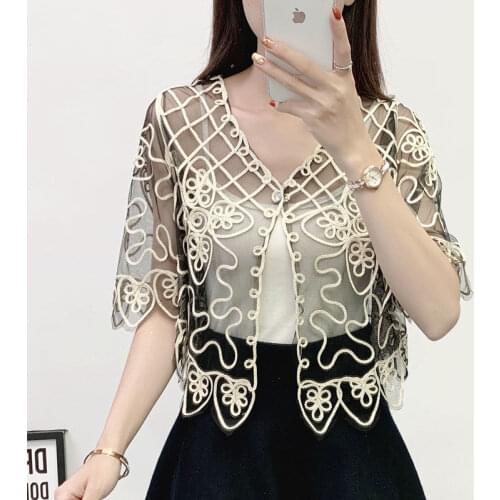Summer 2021 Fashion Womens Tops Wild Perspective Bright Silk Shawl Lace Shirts Top Thin Cardigan Sun Protection Clothing Y67