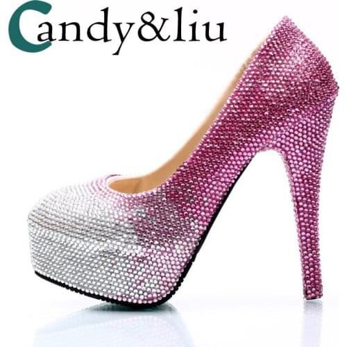 Large Size Silver and Pink Gradient Crystal Wedding Shoes Women Super High Heels Round Toe Pumps for Party Banquet Evening Dress