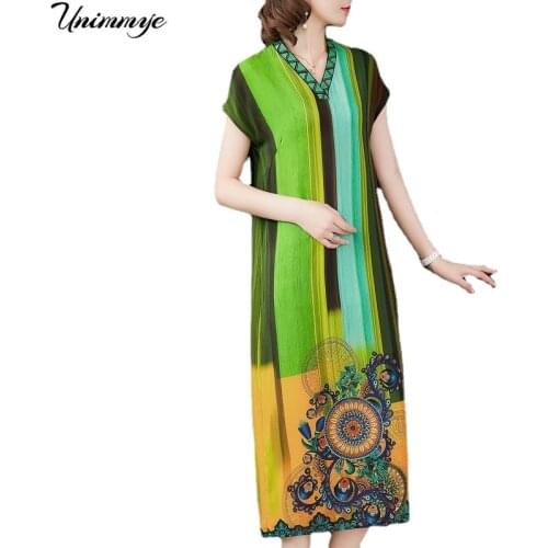 2020 New Summer Middle Aaged Women Fashion Ice Silk Causal Short Sleeve Midi Dress Female Mother V Neck Dresses Vestitos W149