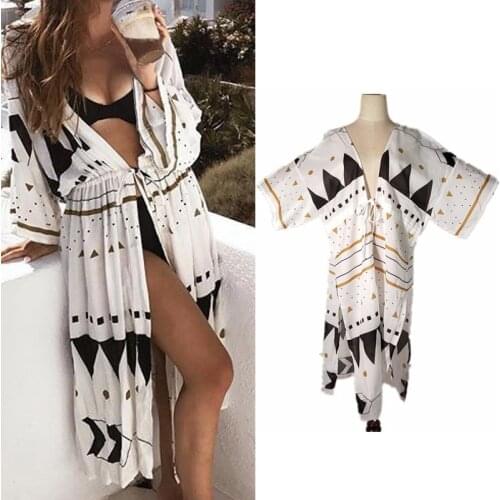 2021 Summer Women Beach Dress Long Sleeve Ethnic Style Sarongs Beach Cover-Up Female Swimwear Beach Tunics Sun Protection Sarong