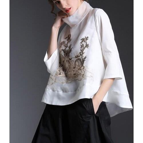 Blouse Shirts Womens Blouse Stand Collar Vintage Retro Embroidery Blousa Graceful fancy casual Plus Size blouses female NS633