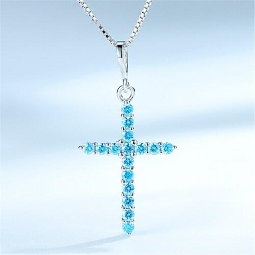 DY 925 Sterling Silver Necklace Nano Sea Blue Cubic Zirconia Delicate Cross Shape Pendant With Chain Necklace Classic Jewelry