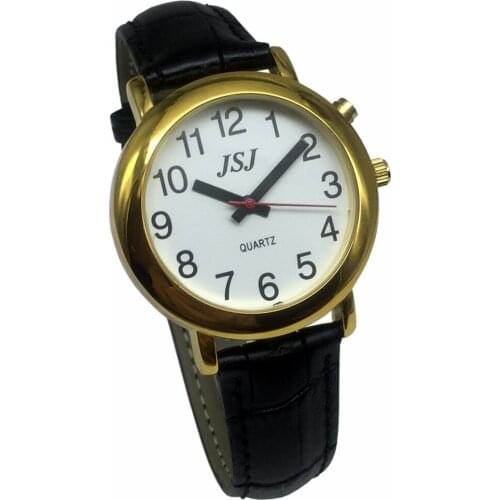 French Talking Watch with Alarm Function, Talking Date and time, White Dial, Black Leather Band, Golden Case TAF-507