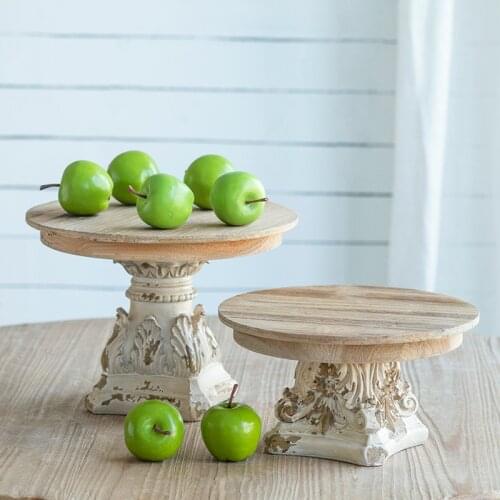 Rustic retro wood pedestal cake stand white