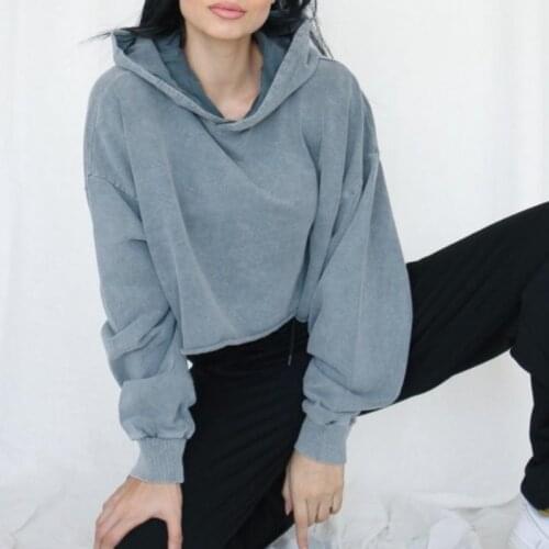 Cotton Short Hooded Sweatershirt Women Autumn Winter New Street Simple Solid Color Long Sleeve Crop Tops