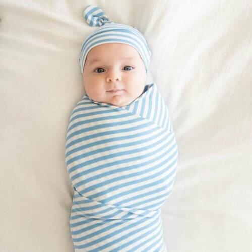 Newborn Cotton Striped Wrapped Tire Cap 2-Piece Set 4 Seasons Newborn Baby Boys Girsl Embracing Blue Blanket