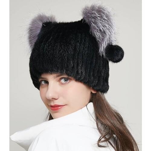 JKP womens autumn and winter mink fur woven hat and winter fashion cap with silver fox cat ear protection