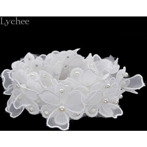 Lychee 1 Yard Flower Pearl Diamond Lace Edge Trim Wedding Decoration Applique DIY Sewing Craft
