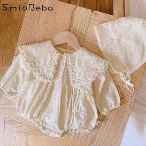 Cute Girls 0-2 Years Baby Daisy Rompers With Lace Hats Soft 100% Cotton Square Collar Korean Style Long Sleeve Infant Jumpsuits