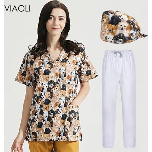 Multi-color scrubs women tops Unisex V-neck pet grooming scrub workwear lab work costume cartoon printing spa uniforms wholesale