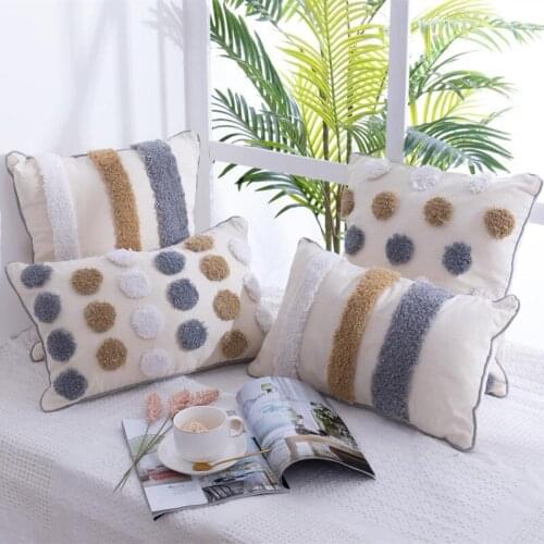 Beige Ground Handmade Dot Stripe Embroidery Pillow Cover Tassels Home Decor Cushion Cover PillowCase Pillow Sham 30x50cm/45x45cm