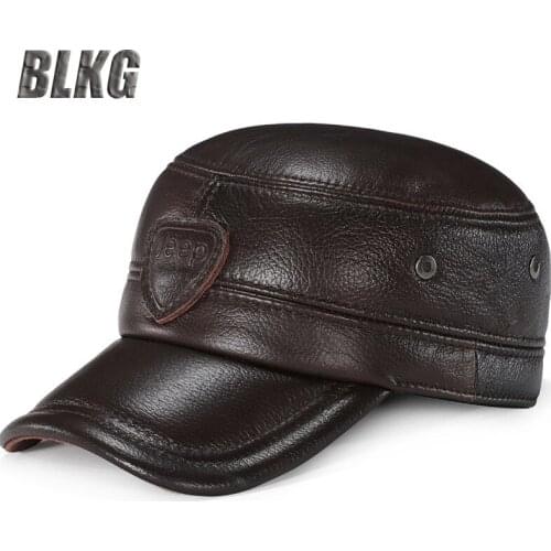 Autumn Winter Genuine Leather Cap Men Sheepskin Dad Hat Fleece Warm Windbreaker Earmuffs Adjustable Size Outdoor Flat Cap Men
