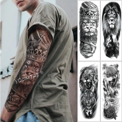 Large Arm Sleeve Tattoo Lion Crown King Rose Waterproof Temporary Tatoo Sticker Wild Wolf Tiger Men Full Skull Totem Tatto