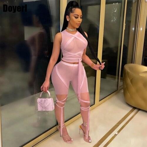 See Through Sexy 2 Piece Sets Womens Outfits Party Club Festival Clothing Mesh Crop Top Shorts Sets Bandage Two Piece Summer Set
