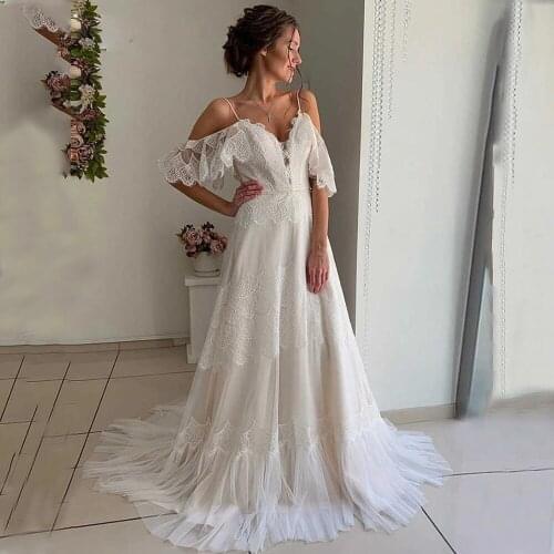 Sexy Deep V Neck Simple Wedding Dress Cap Sleeves Lace Spaghetti Straps Backless Lace Tulle Bohemian Bridal Dresses