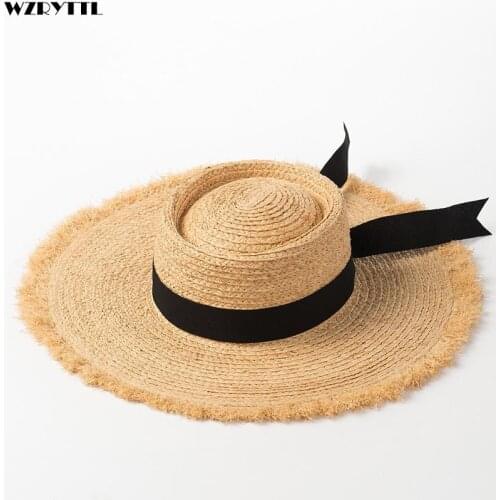 Natural Raffia Hats Women Girl Summer Wide Brim Beach Hat Black Band Ribbon Straw Hat Lady Derby Panama Sun Visor Cap
