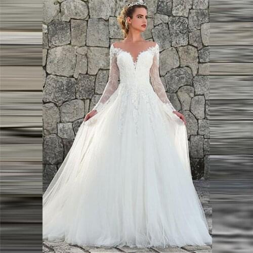 Scoop Sheer Long Sleeves A-Line Buttons Back 2020 Wedding Dresses Bridal Gowns Tulle Custom Made Natural Waist Bridal Gowns