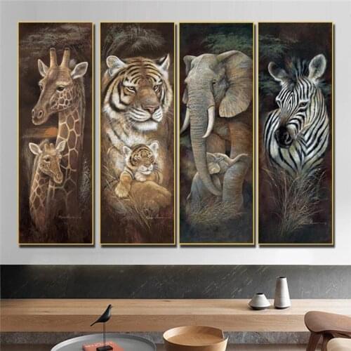 Tiger Giraffe Elephant Zebra Wall Art Canvas Print Animal Painting Posters And Prints Vintage Decor Wall Picture For Living Room